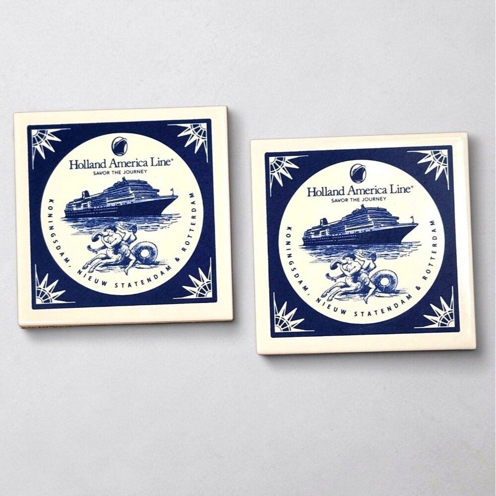 2 Holland America Cruise Delft Tile Coasters Royal Goedewaagen COA Netherlands